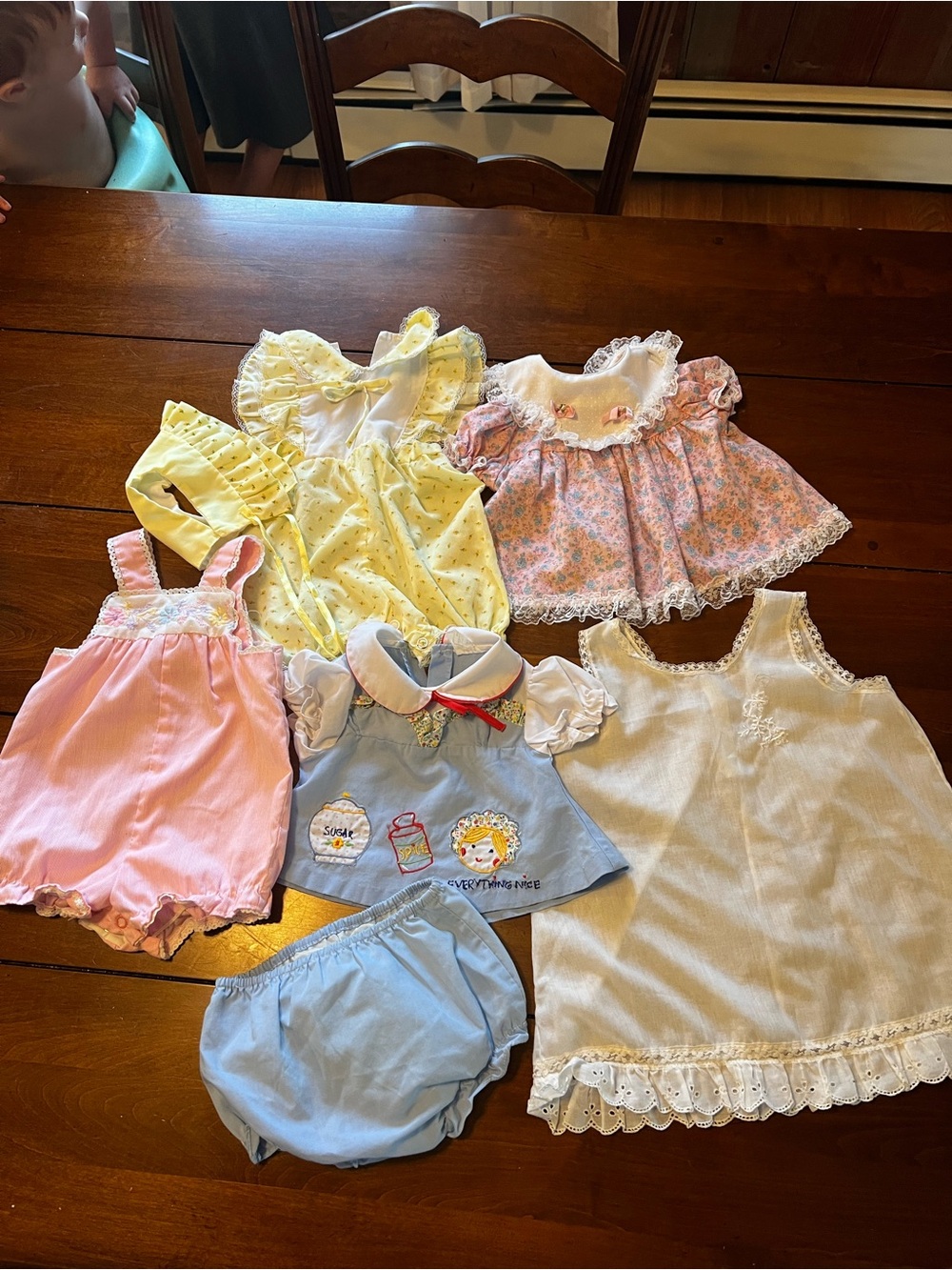 Vintage Baby Girl Dress & Romper Lot in Pastel Pink, Yellow, Blue, Cream